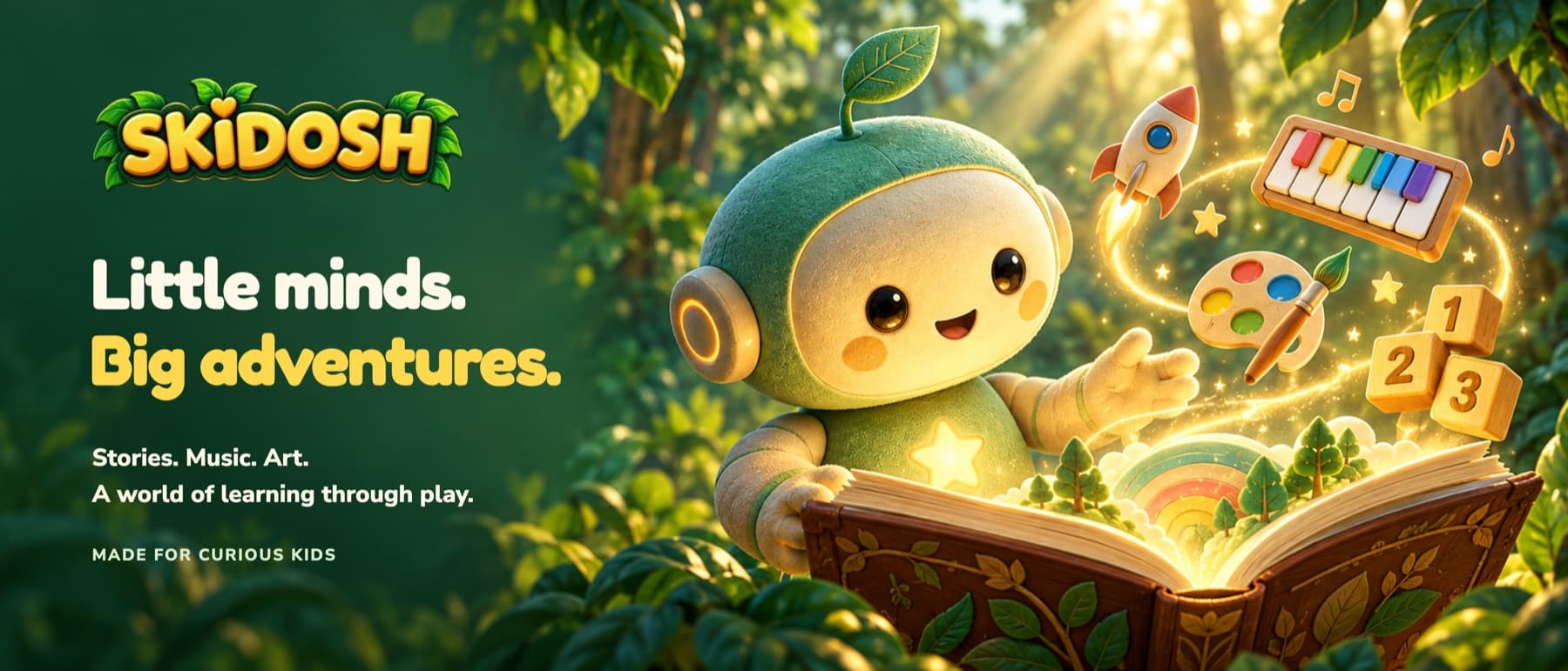 Skidosh Kids learning app with its friendly robot, storybook, music, art and number activities